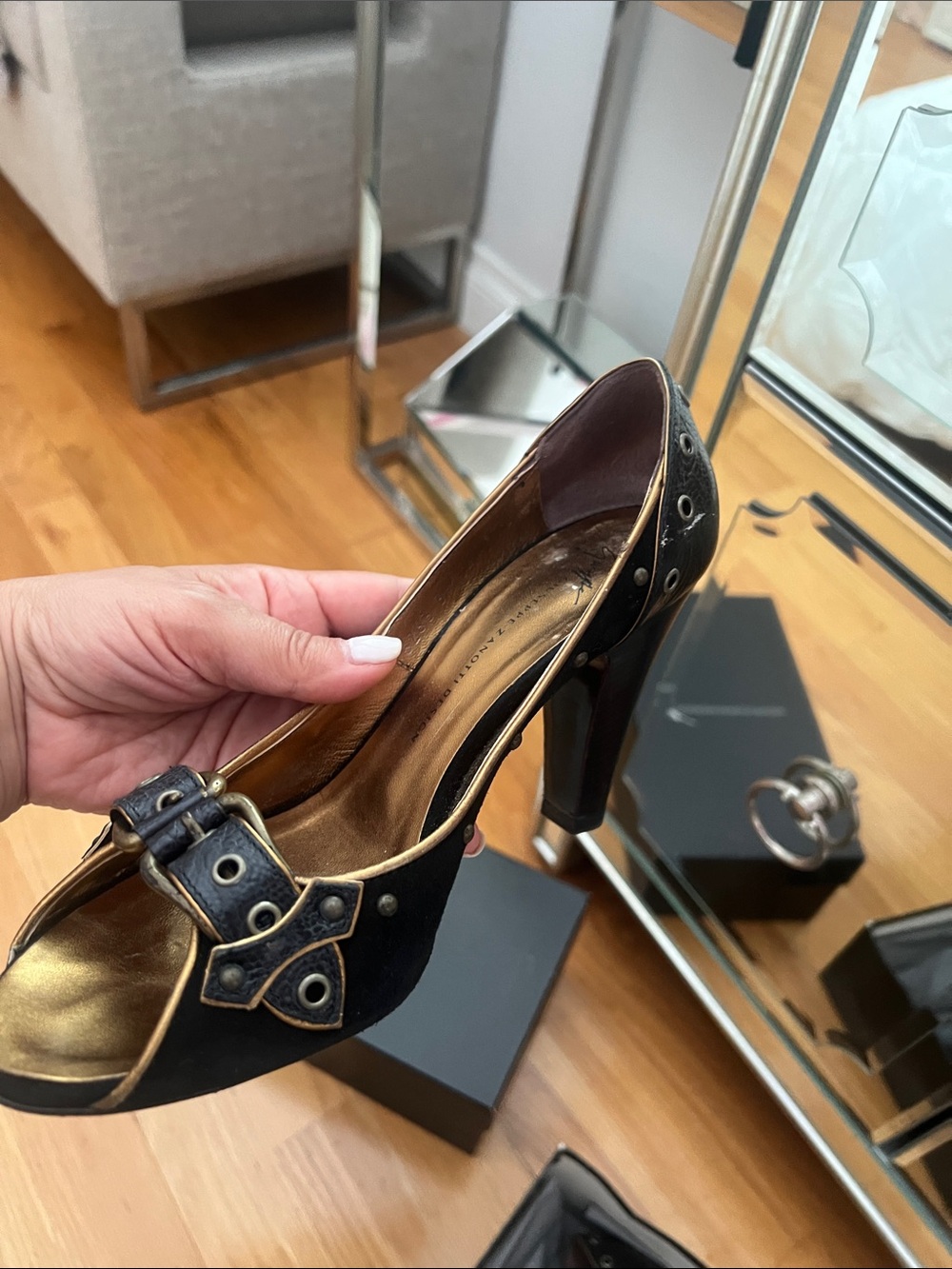 Giuseppe Zanotti Black and Gold Buckle High Heel Pump